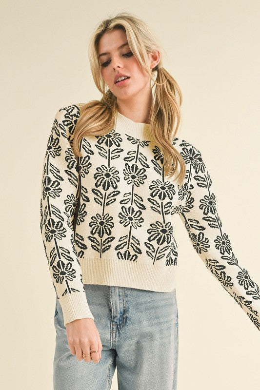 Melanie Floral Knit Sweater: Cream/ Black