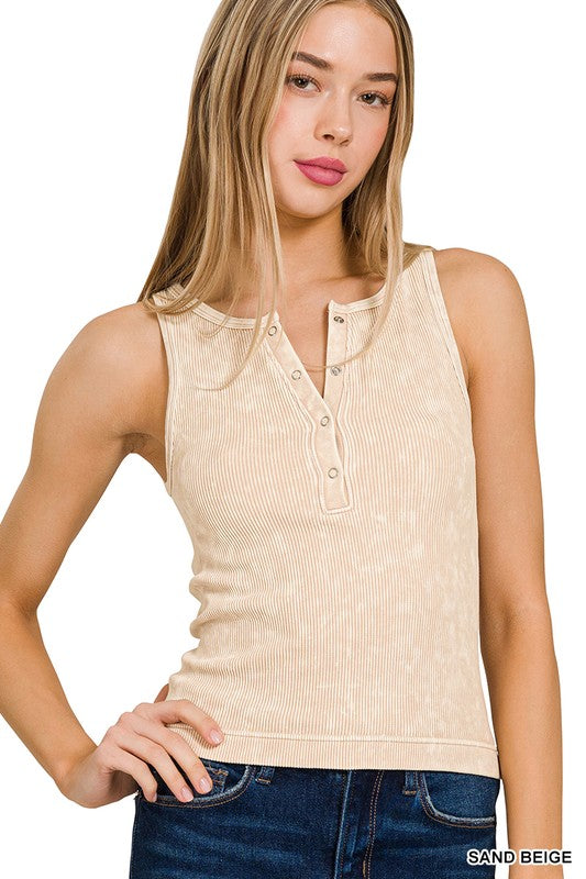 Ashley Vintage Wash Ribbed Button Up Tank