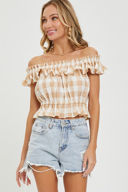 Lindsey Gingham Off The Shoulder Blouse: Taupe