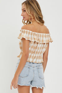 Lindsey Gingham Off The Shoulder Blouse: Taupe