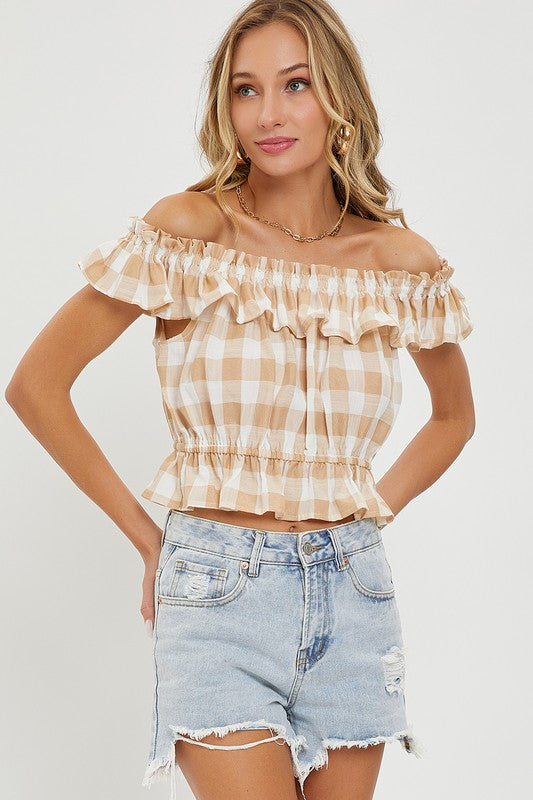 Lindsey Gingham Off The Shoulder Blouse: Taupe