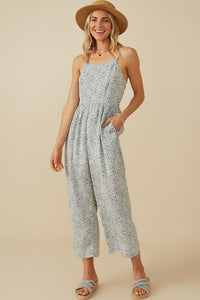 Eloise Ditsy Floral Sleeveless Wide Leg Jumpsuit: Blue