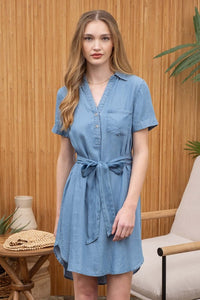 Lucie Chambray Denim Mini Shirt Dress- Medium Wash