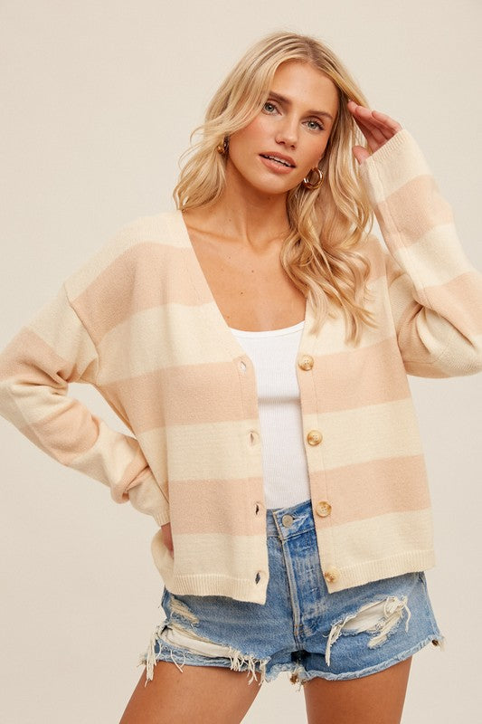 Marlow Stripe Button Down Cardigan: Cream/Blush