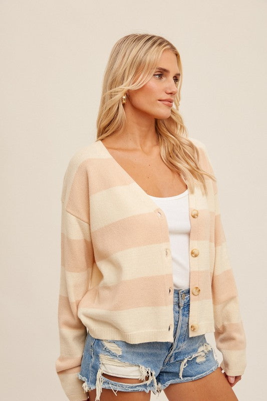 Marlow Stripe Button Down Cardigan: Cream/Blush