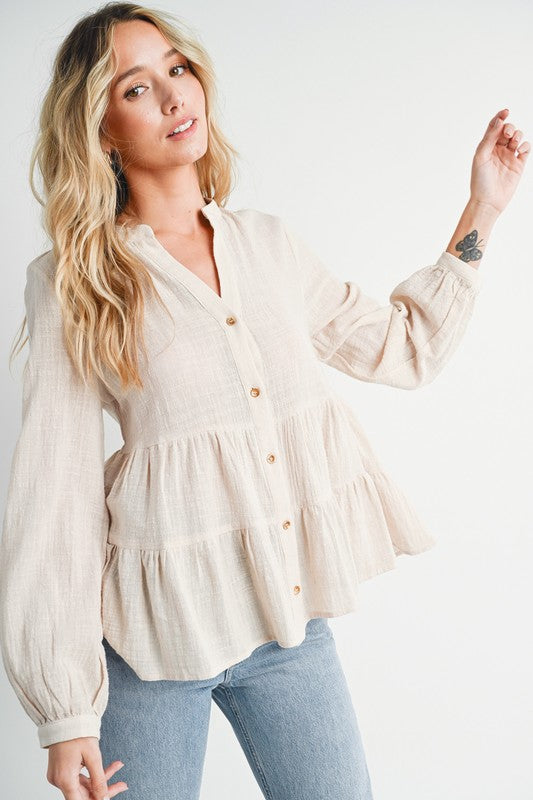 Sawyer Tiered Rustic Blouse: Oatmeal