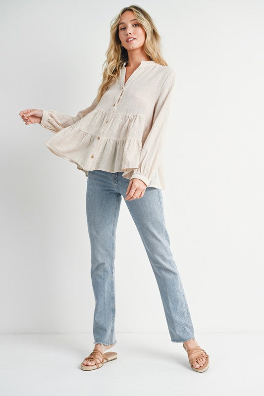 Sawyer Tiered Rustic Blouse: Oatmeal