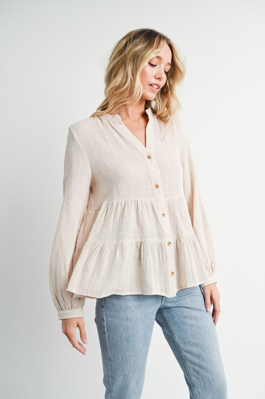 Sawyer Tiered Rustic Blouse: Oatmeal