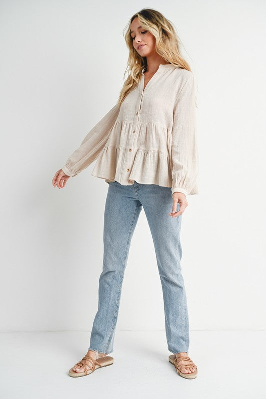 Sawyer Tiered Rustic Blouse: Oatmeal