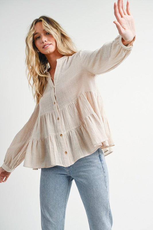 Sawyer Tiered Rustic Blouse: Oatmeal