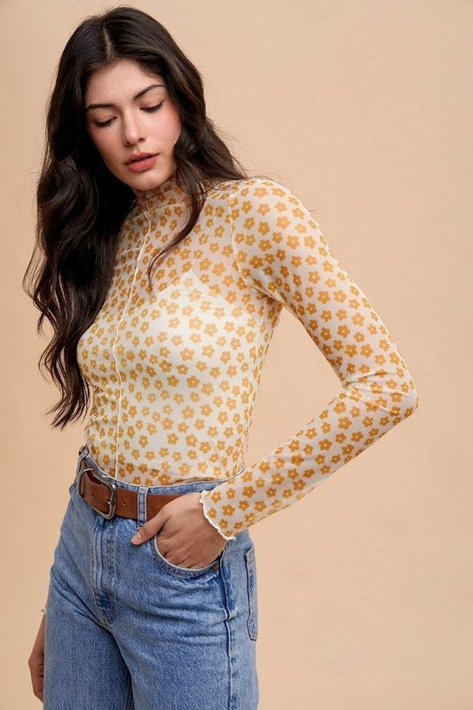 Camdyn Floral Mesh Long Sleeve Top: Golden