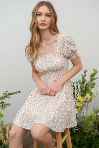 Spring Blossom Tiered Floral Print Square Neck Dress- Ivory