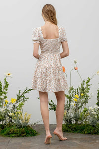 Spring Blossom Tiered Floral Print Square Neck Dress- Ivory