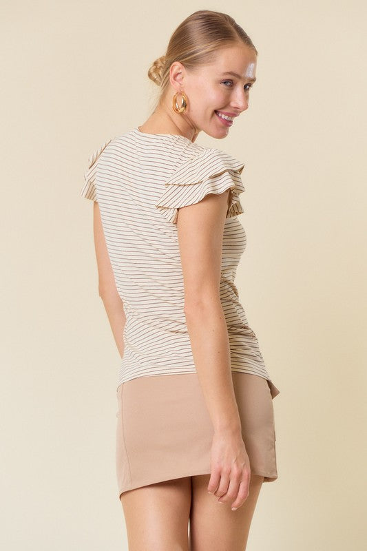 Lucie V-Neck Butterfly Cap Sleeve Top: Beige