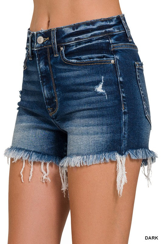 Isla High-Rise Raw Hem Denim Shorts | Comfort Stretch Distressed Jean Shorts