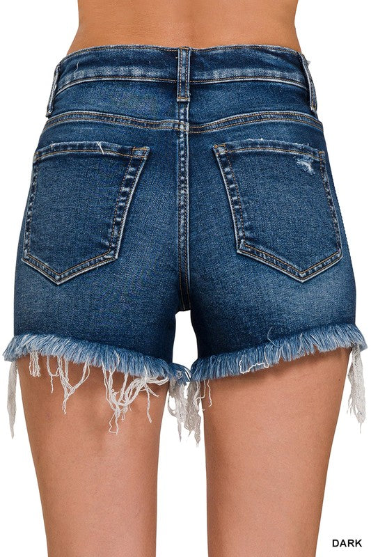 Isla High-Rise Raw Hem Denim Shorts | Comfort Stretch Distressed Jean Shorts