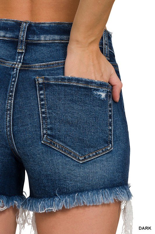 Isla High-Rise Raw Hem Denim Shorts | Comfort Stretch Distressed Jean Shorts