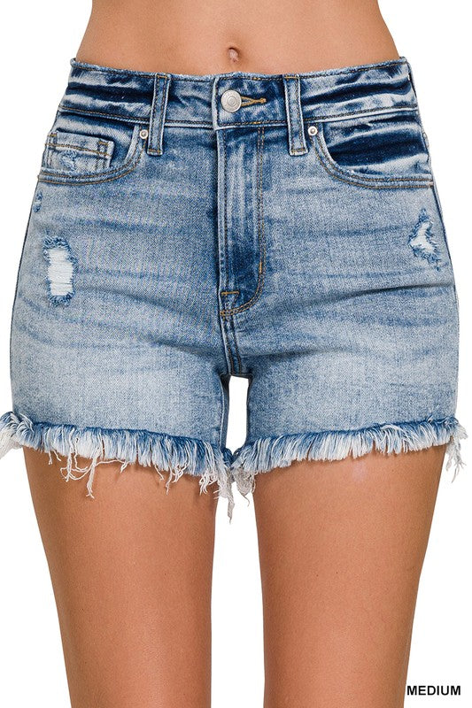 Isla High-Rise Raw Hem Denim Shorts | Comfort Stretch Distressed Jean Shorts