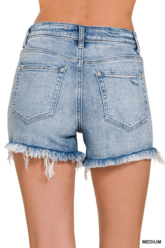 Isla High-Rise Raw Hem Denim Shorts | Comfort Stretch Distressed Jean Shorts