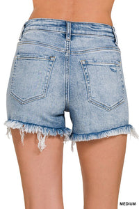 Isla High-Rise Raw Hem Denim Shorts | Comfort Stretch Distressed Jean Shorts