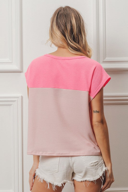 Mae Thermal Knit Color Block Drop Shoulder Short Sleeve Top: Neon Pink/ Blush