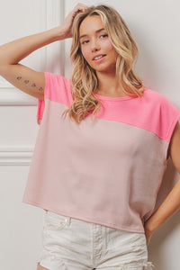 Mae Thermal Knit Color Block Drop Shoulder Short Sleeve Top: Neon Pink/ Blush