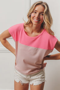 Mae Thermal Knit Color Block Drop Shoulder Short Sleeve Top: Neon Pink/ Blush