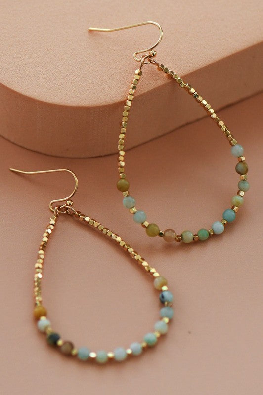 Amazonite Stone Beaded Teardrop Wire Earrings