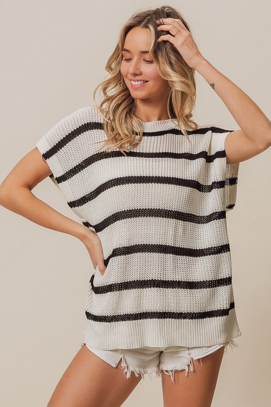 Adley Coastal Stripe Drop Shoulder Short Sleeve Lightweight Knit Sweater