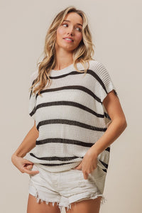 Adley Coastal Stripe Drop Shoulder Short Sleeve Lightweight Knit Sweater