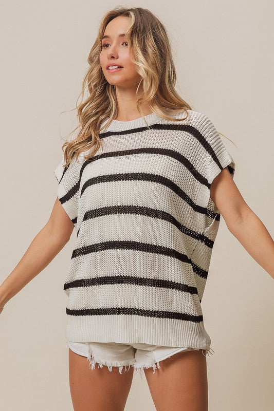 Adley Coastal Stripe Drop Shoulder Short Sleeve Lightweight Knit Sweater