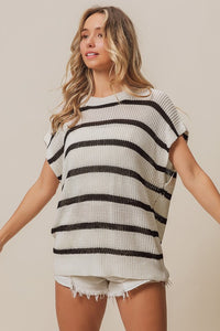 Adley Coastal Stripe Drop Shoulder Short Sleeve Lightweight Knit Sweater