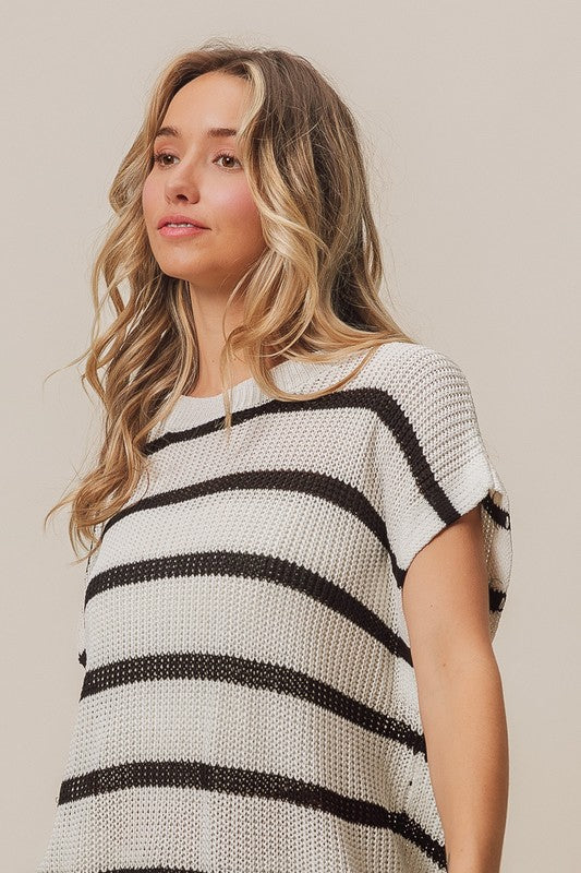 Adley Coastal Stripe Drop Shoulder Short Sleeve Lightweight Knit Sweater