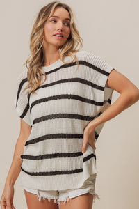 Adley Coastal Stripe Drop Shoulder Short Sleeve Lightweight Knit Sweater