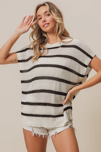 Adley Coastal Stripe Drop Shoulder Short Sleeve Lightweight Knit Sweater