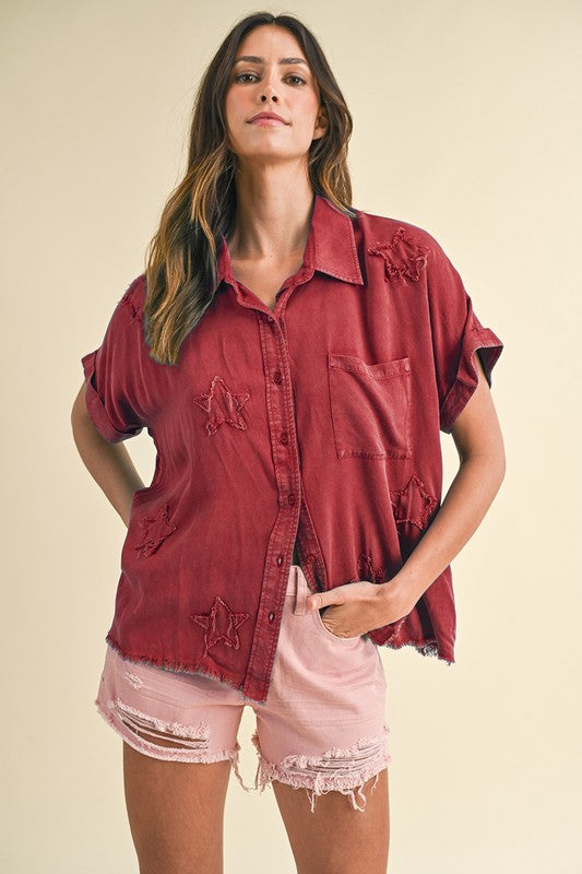 Becca Mineral Washed Star Patch Button Down Short Sleeve Blouse-Red