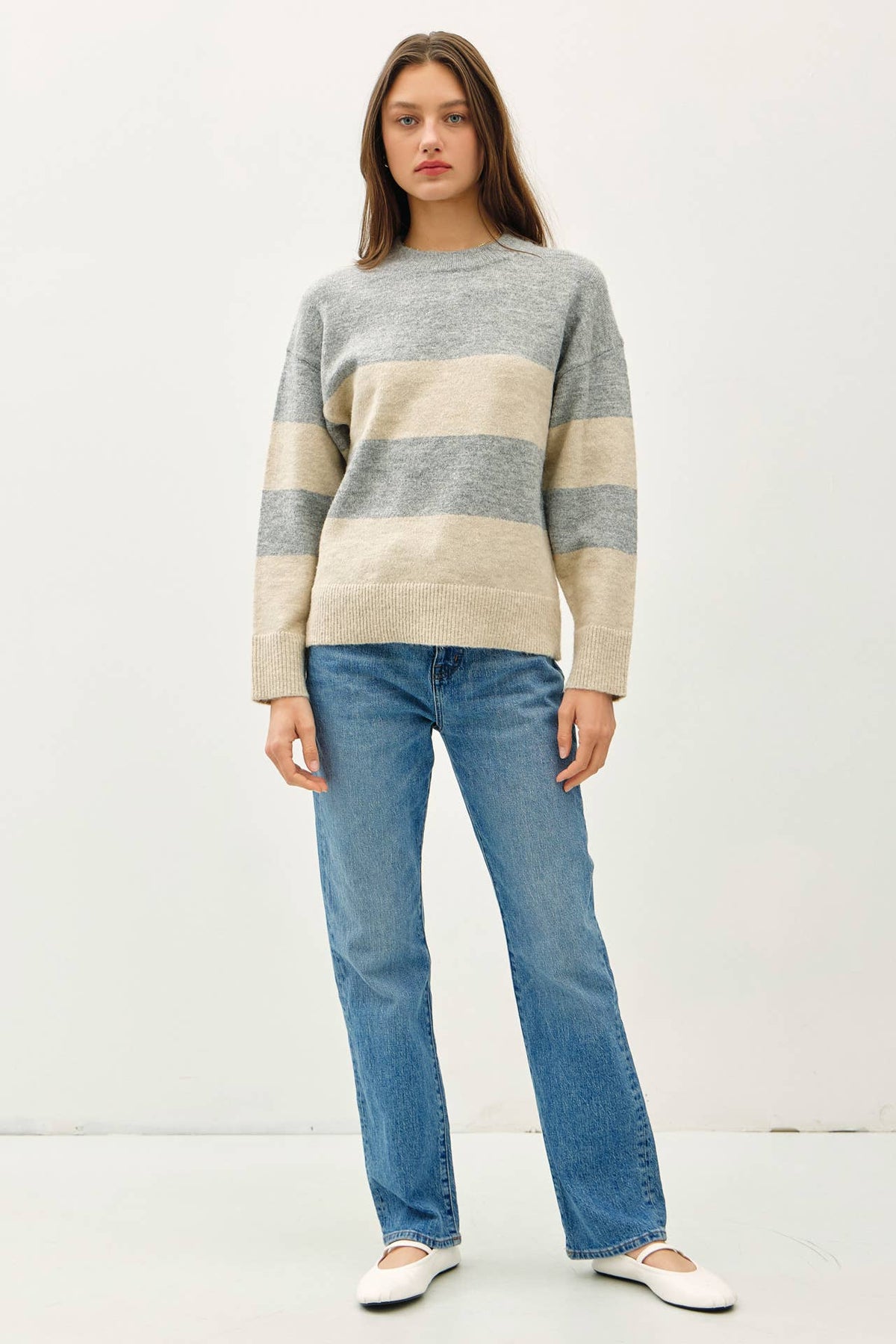 The Clover Colorblock Stripe Knit Sweater: Grey