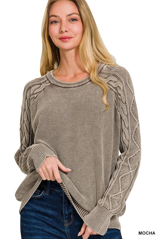 Clara Mocha Cable Knit Crewneck Sweater – Women’s Stone Washed Cotton Pullover