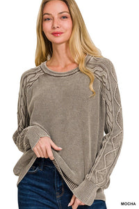 Clara Mocha Cable Knit Crewneck Sweater – Women’s Stone Washed Cotton Pullover