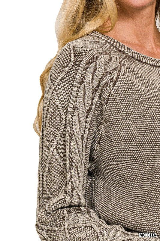 Clara Mocha Cable Knit Crewneck Sweater – Women’s Stone Washed Cotton Pullover