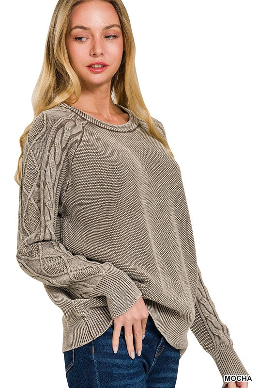 Clara Mocha Cable Knit Crewneck Sweater – Women’s Stone Washed Cotton Pullover