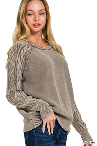 Clara Mocha Cable Knit Crewneck Sweater – Women’s Stone Washed Cotton Pullover