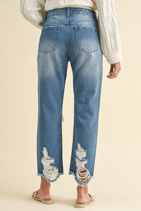 Rhett High Rise Distressed Crop Rigid Denim Straight Jean: Medium Wash
