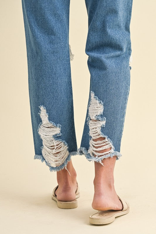 Rhett High Rise Distressed Crop Rigid Denim Straight Jean: Medium Wash