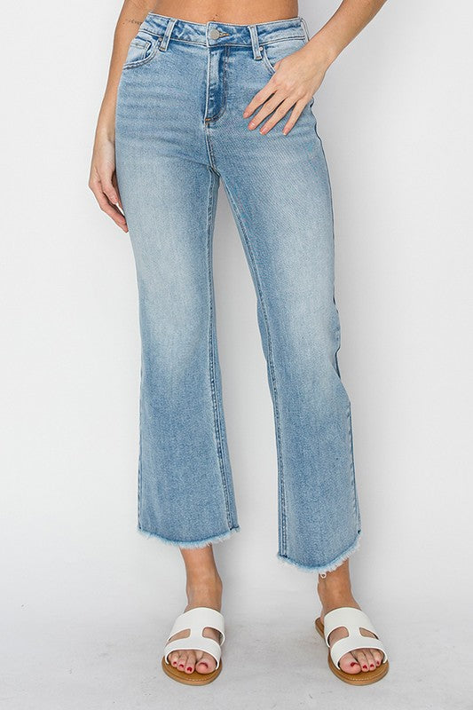 Risen Emrey High Rise Crop Straight Jeans: Light Wash