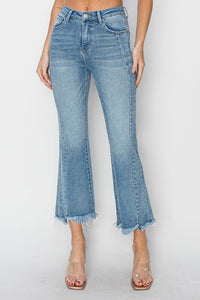 Risen "Blair"  High Rise Ankle Flare Jeans: Light Wash – Step Hem Detail Modern Flare Denim for Women