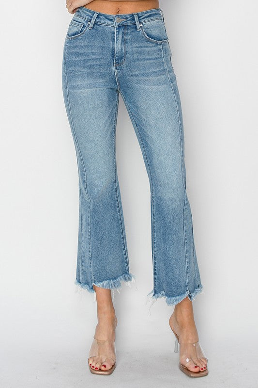 Risen "Blair"  High Rise Ankle Flare Jeans: Light Wash – Step Hem Detail Modern Flare Denim for Women