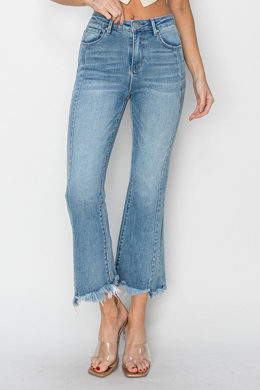 Risen "Blair"  High Rise Ankle Flare Jeans: Light Wash – Step Hem Detail Modern Flare Denim for Women