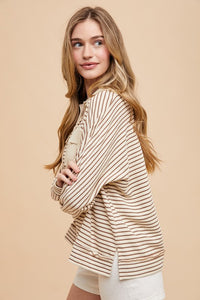 Sadie Striped Dolman Sleeve Polo Top: Taupe