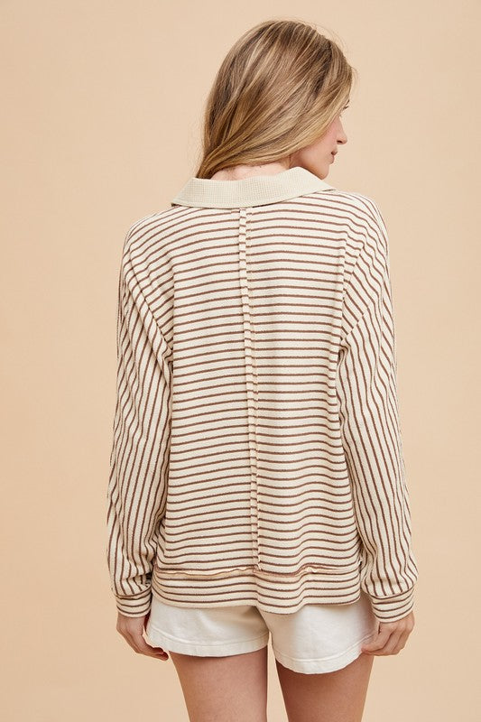 Sadie Striped Dolman Sleeve Polo Top: Taupe